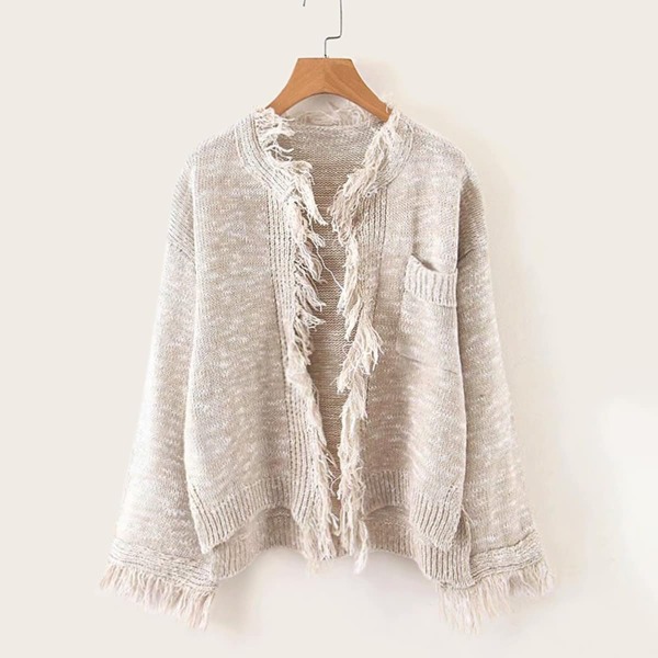 

Frayed Trim Patched Pocket High Low Hem Cardigan