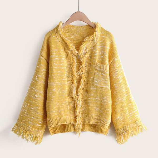 

Frayed Trim Patched Pocket High Low Hem Cardigan