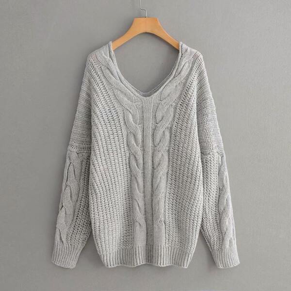 

V Neck Drop Shoulder Cable Knit Sweater, Grey