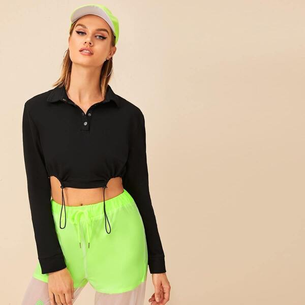 

Drawstring Hem Button Collar Crop Sweatshirt