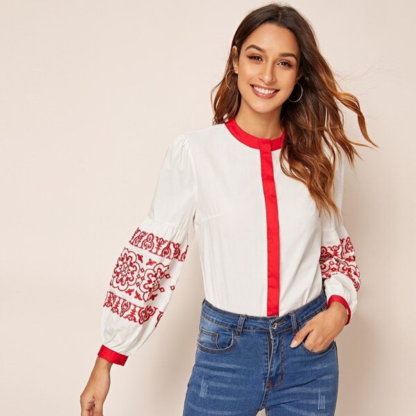 

Contrast Binding Embroidery Blouse, White