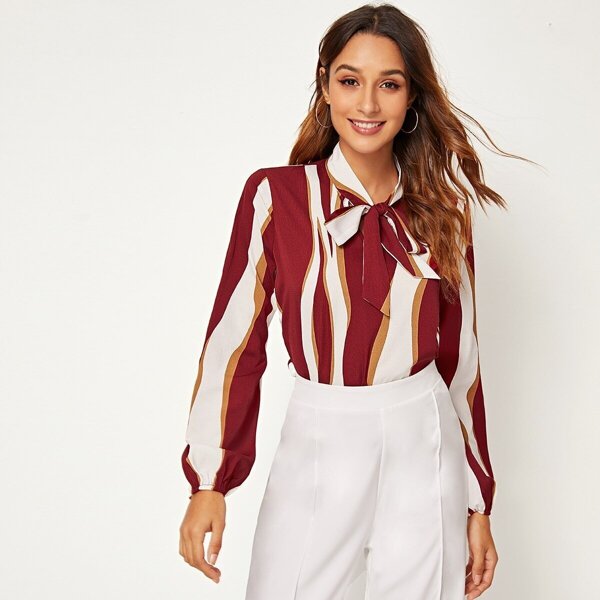 

Multi-striped Tie Neck Blouse