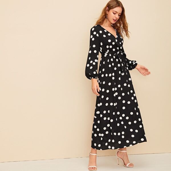 

Polka Dot V-neck Belted Dress