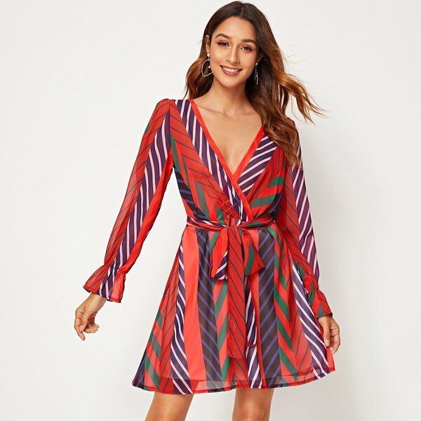 

Geo Print Deep V-neck Belted Dress