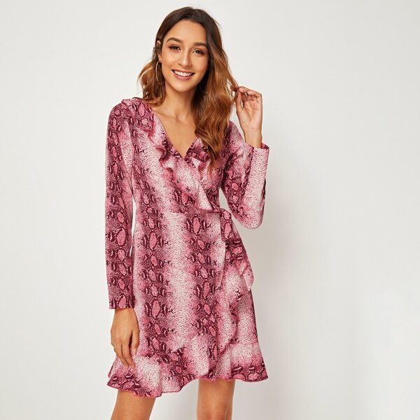 

Snakeskin Print Ruffle Trim Tie Side Wrap Dress, Pink