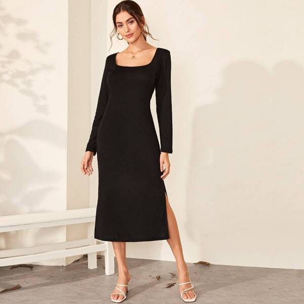 

Solid Square Neck Slit Hem Dress