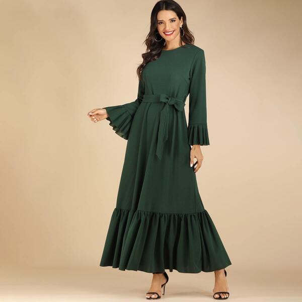 

Flounce Sleeve Ruffle Hem Belted Dress, Green