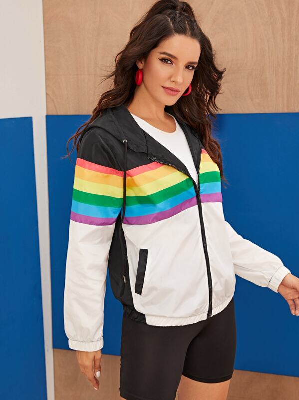 

Rainbow Striped Hooded Windbreaker Jacket, Multicolor, Juliana