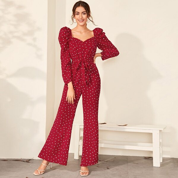 

Confetti Heart Print Sweetheart Neck Belted Jumpsuit, Burgundy
