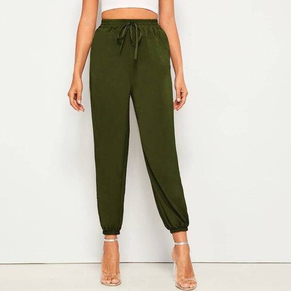 

Solid Drawstring Waist Crop Pants, Army green
