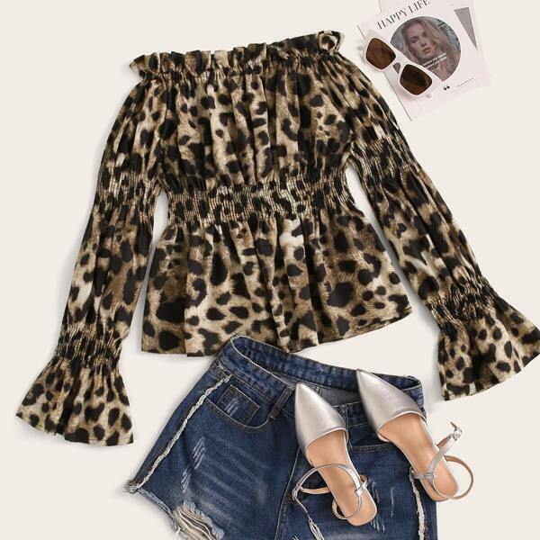 

Leopard Print Shirred Waist Bardot Blouse