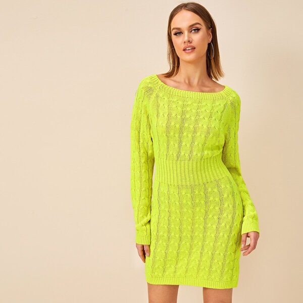 

Neon Yellow Boat Neck Twist Cable Knit Sweater Dress, Green bright