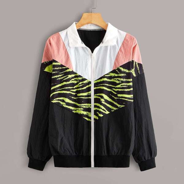 

Chevron Print Zip Up Windbreak Jacket, Multicolor