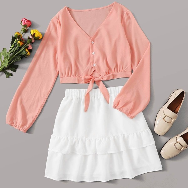 

Button Front Knot Shirt & Tiered Layered Skirt, Multicolor
