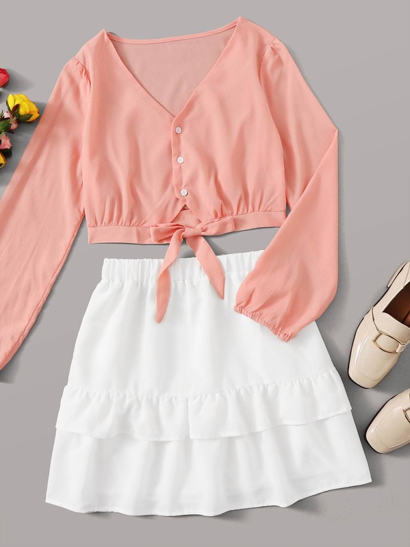 

Button Front Knot Shirt & Tiered Layered Skirt, Multicolor