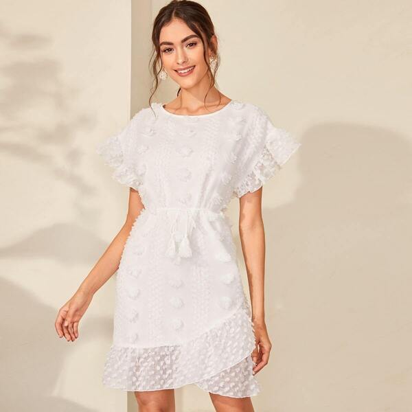 

Swiss Dot Fringe Tie Waist Ruffle Hem Dress, White