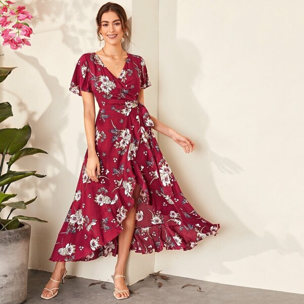 

Floral Print Ruffle Trim Wrap Knotted Dress