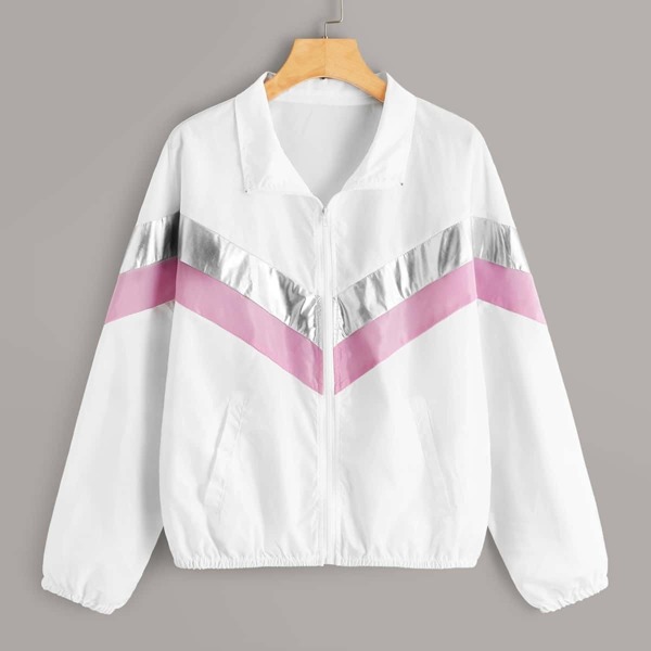 

Chevron Color-block Zip Up Windbreaker Jacket