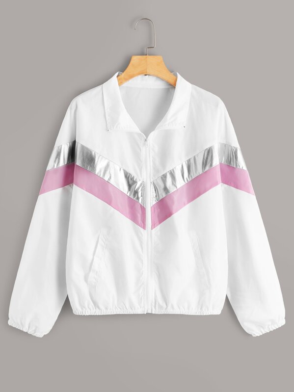 

Chevron Color-block Zip Up Windbreaker Jacket, White