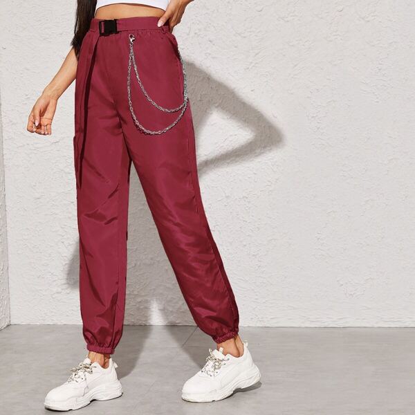 

Push Buckle Chain Detail Wind Pants, Burgundy