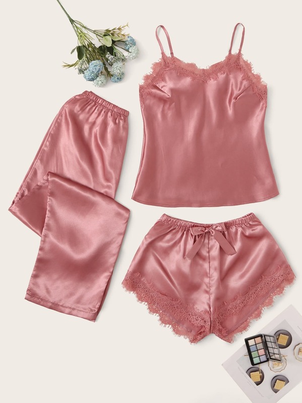 

Eyelash Lace Satin Cami With Shorts & Pants, Pink