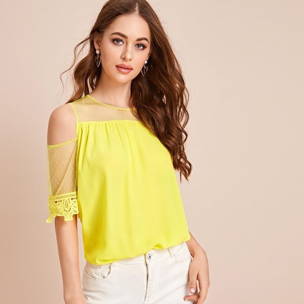 

Neon Yellow Cold Shoulder Embroidered Mesh Insert Top