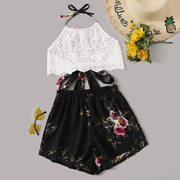 

Guipure Lace Tie Back Halter Top and Floral Shorts Set