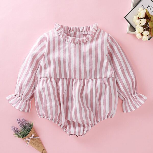 

Baby Girl Striped Flounce Sleeve Romper
