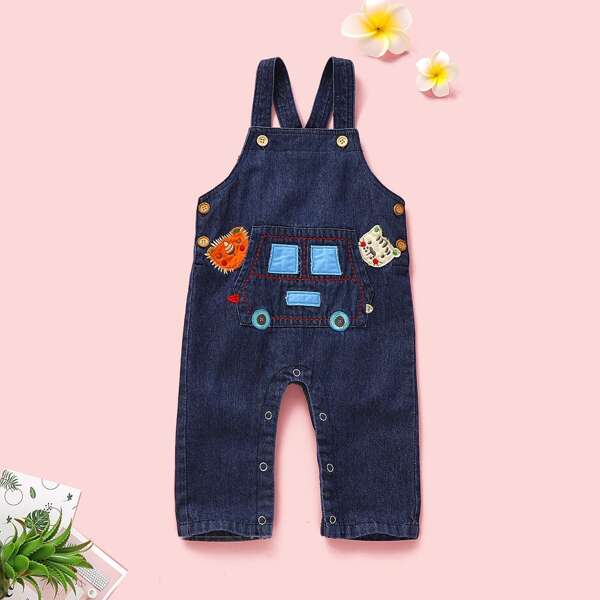 

Toddler Boys Cartoon Patched Popper Denim Overalls, Navy