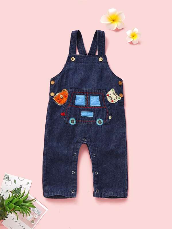 

Toddler Boys Cartoon Patched Popper Denim Overalls, Navy