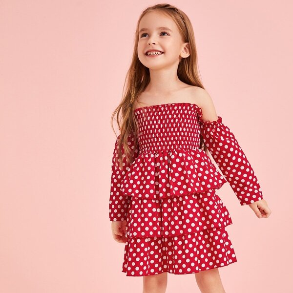 

Toddler Girls Polka Dot Bardot Shirred Layered Dress, Red