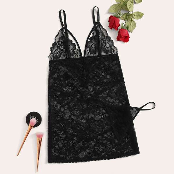 

Eyelash Floral Lace Slips With Thong