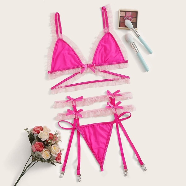 

Neon Pink Frill Trim Garter Lingerie Set