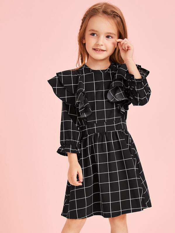 

Toddler Girls Grid Plaid Ruffle Trim A-line Dress, Black, Sofia B