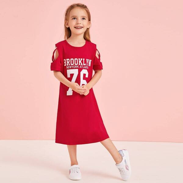 

Toddler Girls Letter Print Open Shoulder Tee Dress, Red
