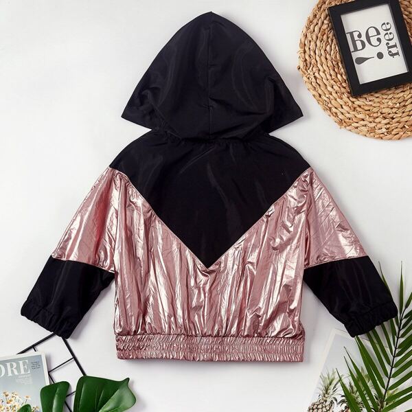 

Toddler Girls Contrast Metallic Panel Hooded Windbreaker Jacket