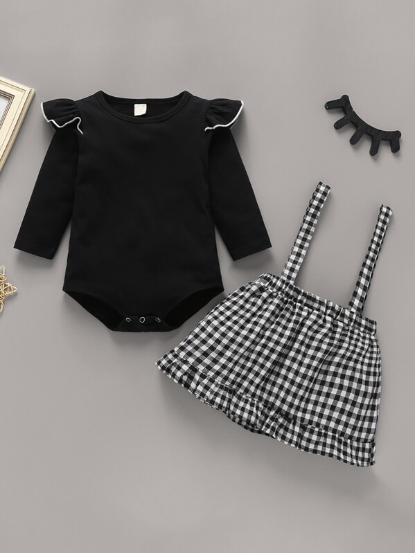 

Baby Girl Ruffle Popper Romper With Gingham Pinafore Skirt, Black