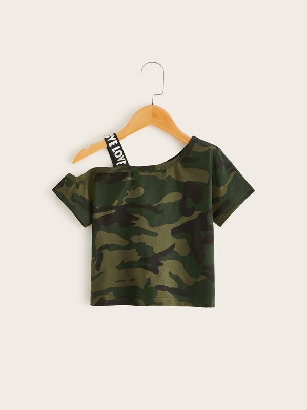 

Toddler Girls Letter Tape Asymmetrical Neck Camo Tee, Army green