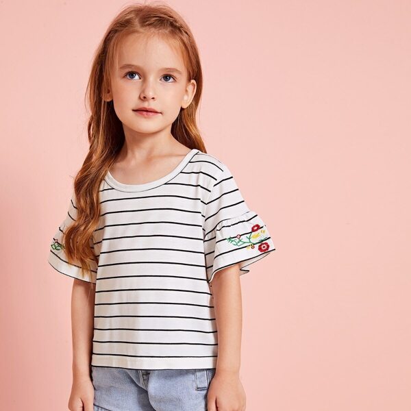 

Toddler Girls Floral Embroidery Striped Tee