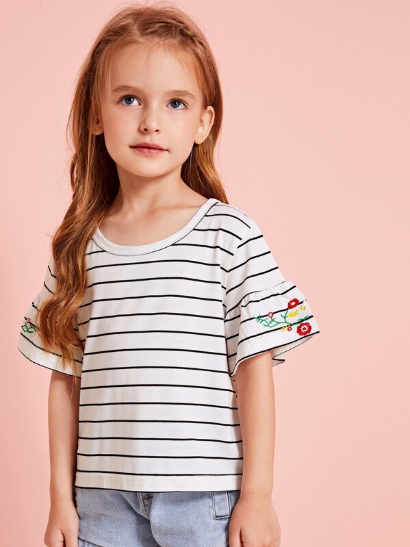 

Toddler Girls Floral Embroidery Striped Tee, White, Sofia B