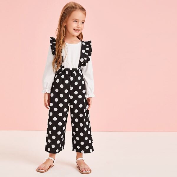 

Toddler Girls Frill Cuff Top With Polka Dot Ruffle Jumpsuit