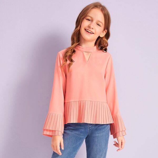 

Girls Mock-Neck Pleated Ruffle Hem Peekaboo Top, Pink pastel