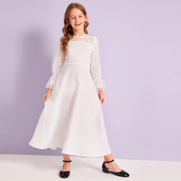 

Girls Mesh & Lace Insert Flare Dress, White