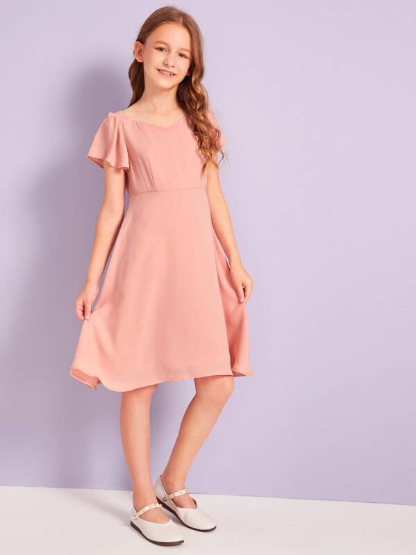

Girls Sweetheart Neck Flutter Sleeve Solid Dress, Pink, Sashab