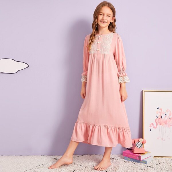 Girls Lace Insert Ruffle Hem Flare Nightdress