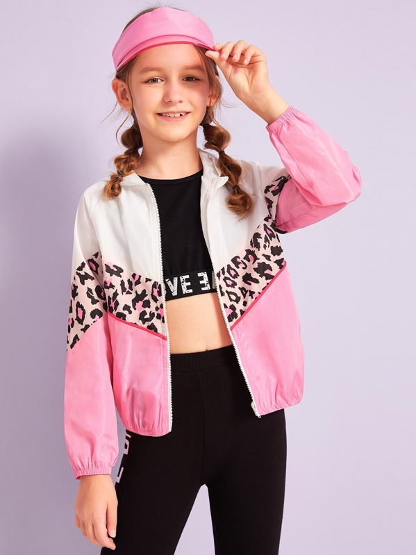 

Girls Cut And Sew Leopard Print Windbreaker Jacket, Multicolor, Sashab