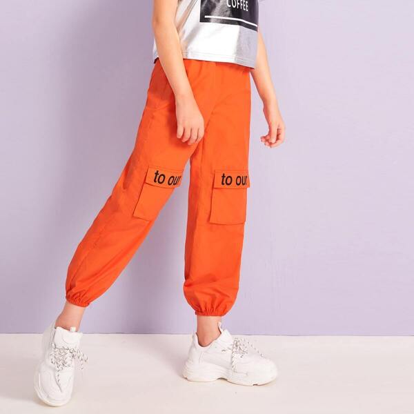 

Girls Neon Orange Slogan Flap Pocket Pants, Orange bright