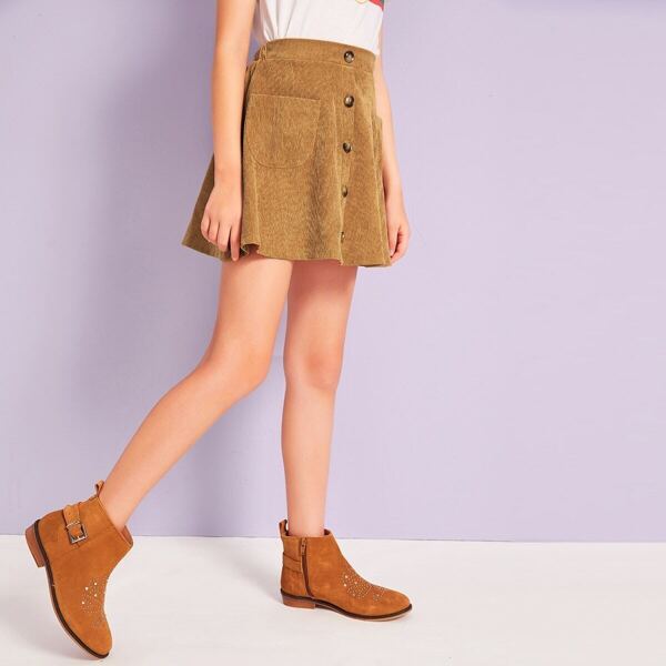

Girls Buttoned Front Pocket Patched Cord Skirt