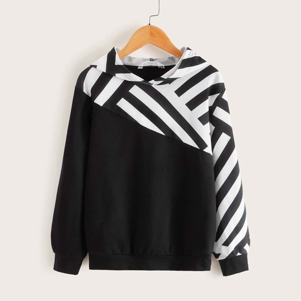 

Girls Two Tone Striped Hoodie, Black and white