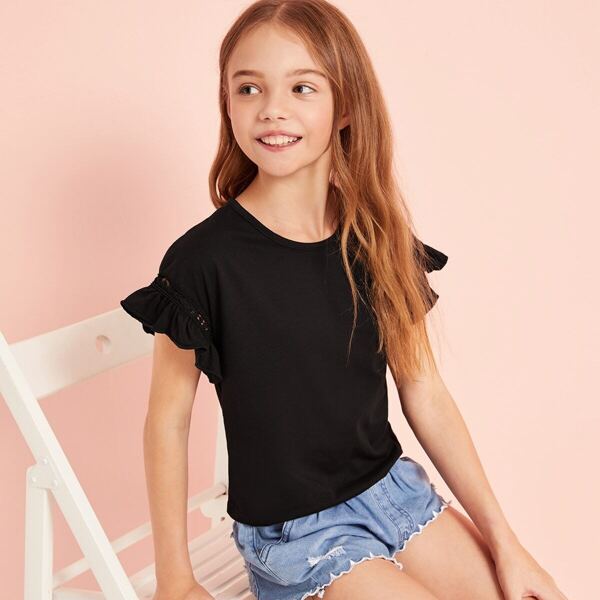 

Girls Lace Insert Ruffle Cuff Tee